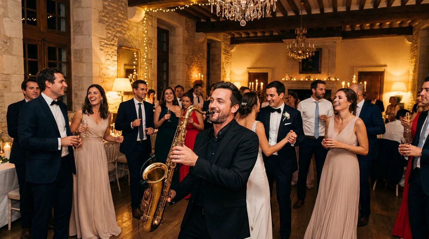 Invités dansant lors d'une soirée de mariage animée par un saxophoniste