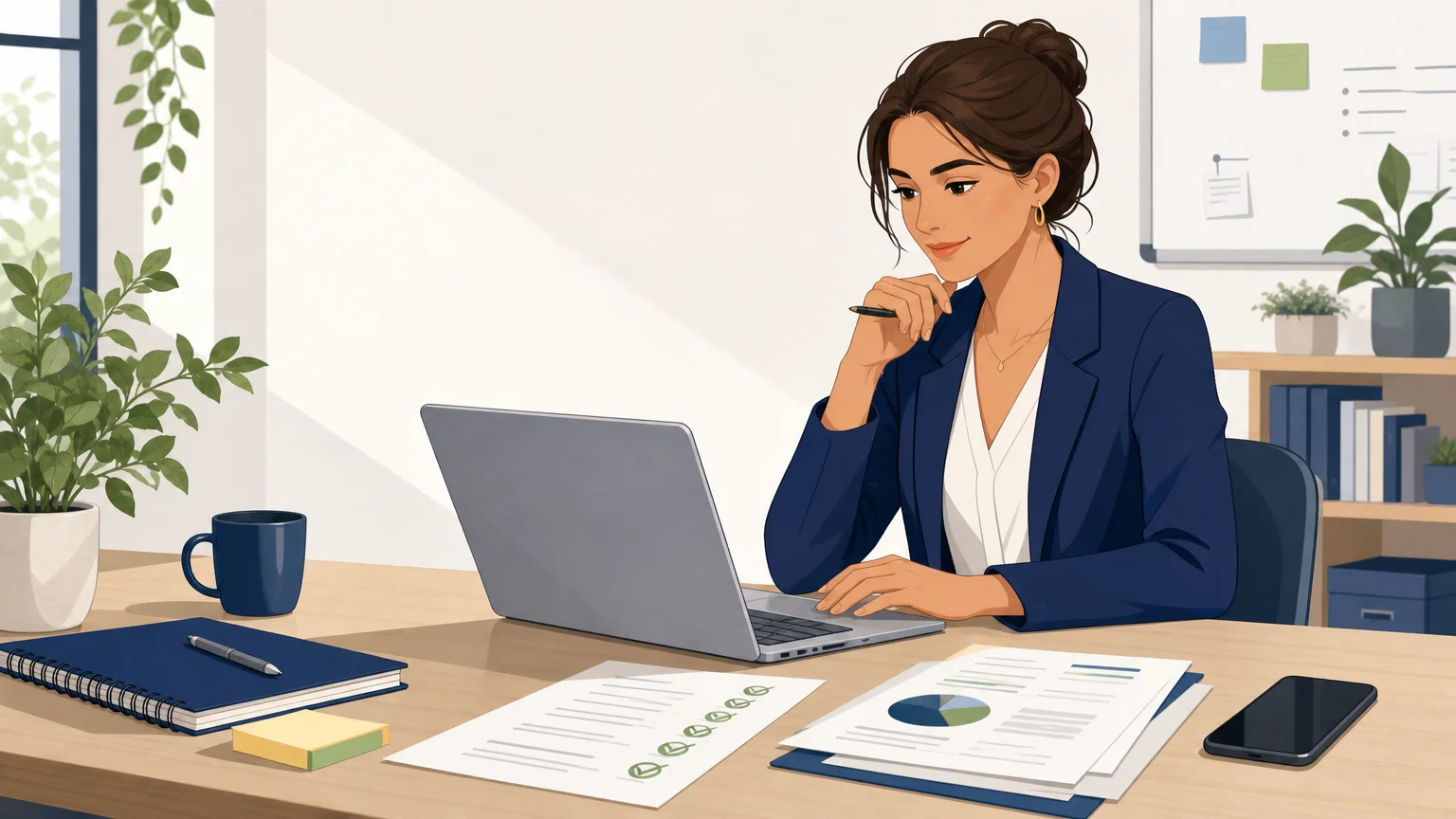 Commerciale vérifiant des actions de prospection avant leur envoi
