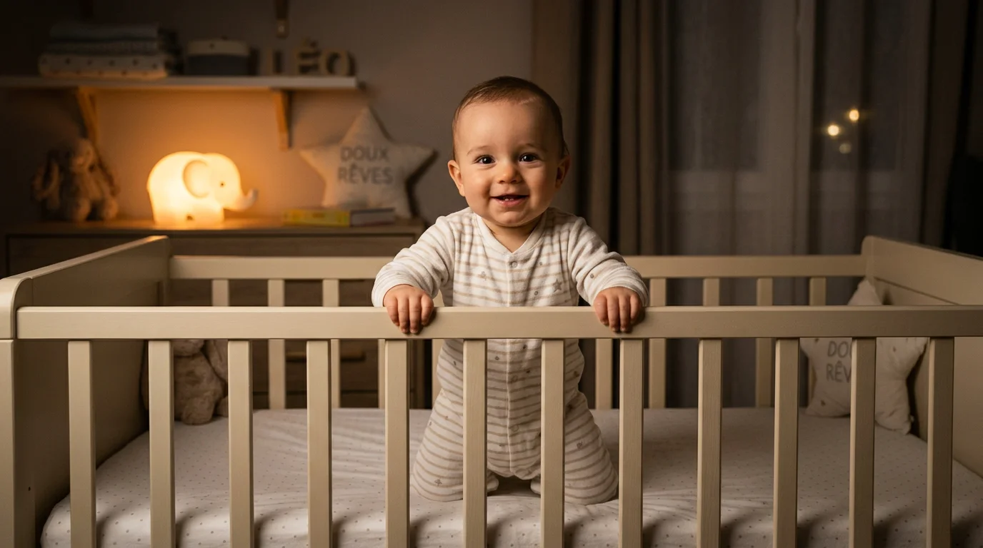 Bébé de neuf mois réveillé la nuit dans son lit à barreaux