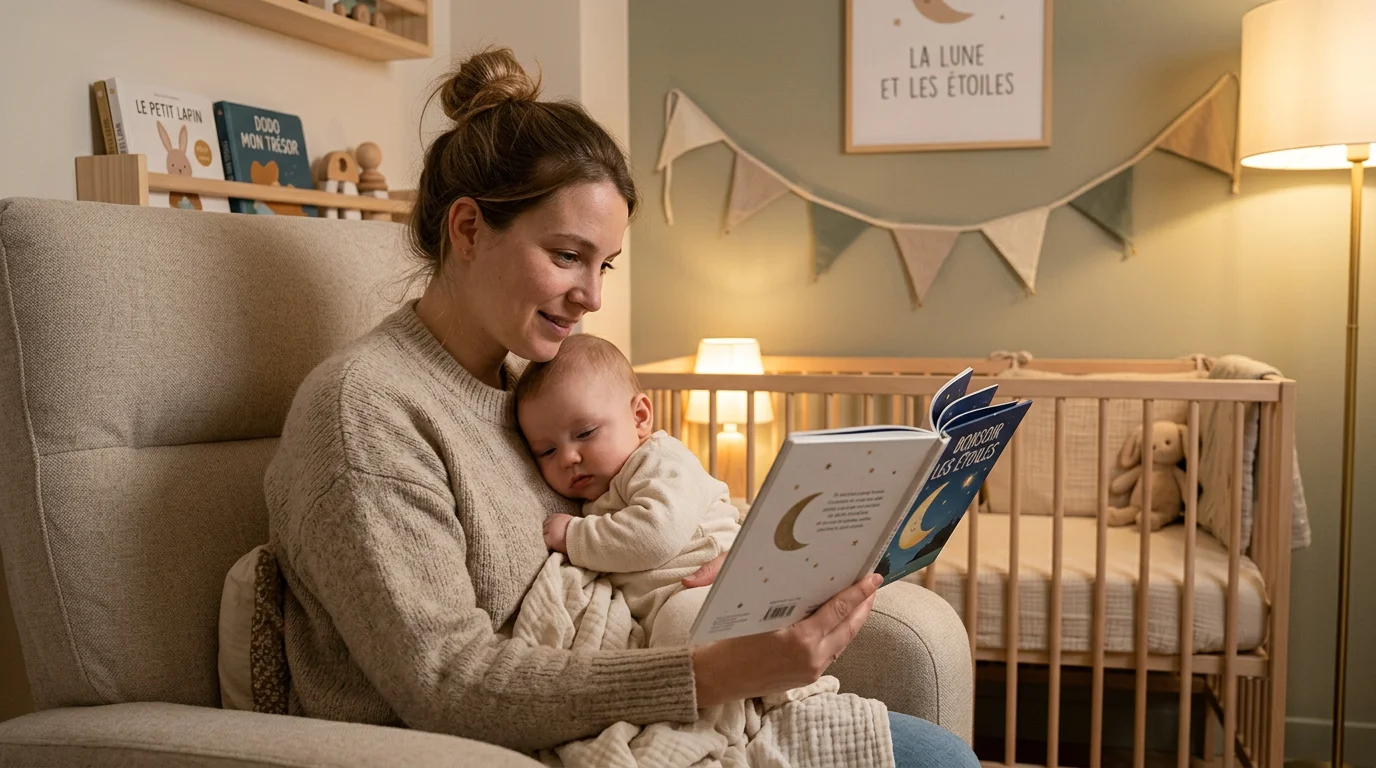 Parent lisant une histoire à son bébé pendant le rituel du coucher