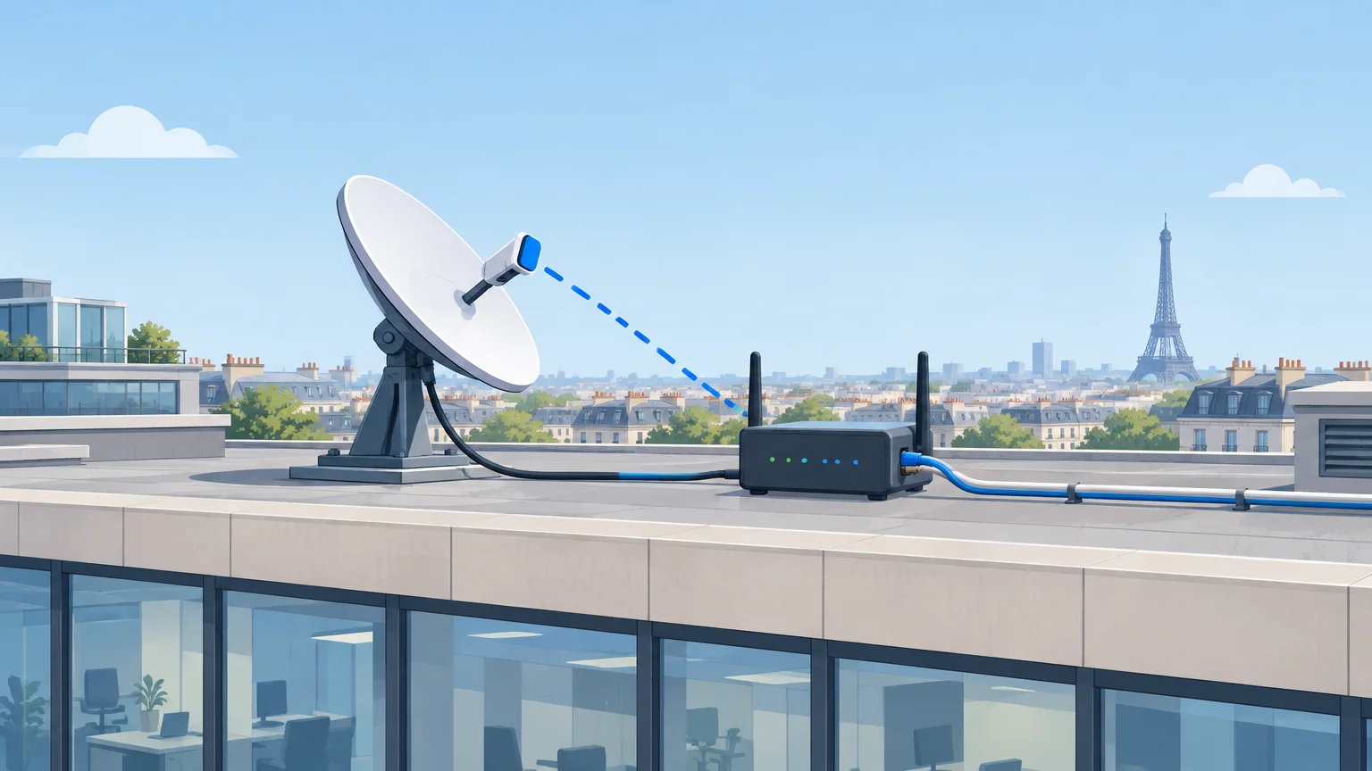 Terminal satellite et fibre associés pour sécuriser la connexion d’un bureau parisien