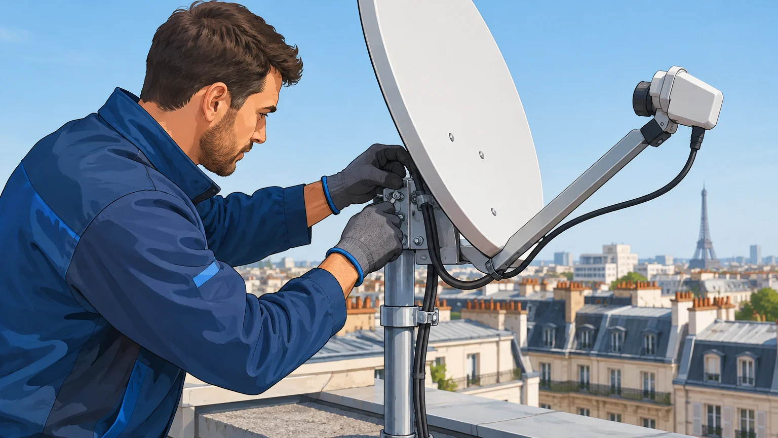 Technicien installant un terminal satellite sur le toit d’un bureau parisien
