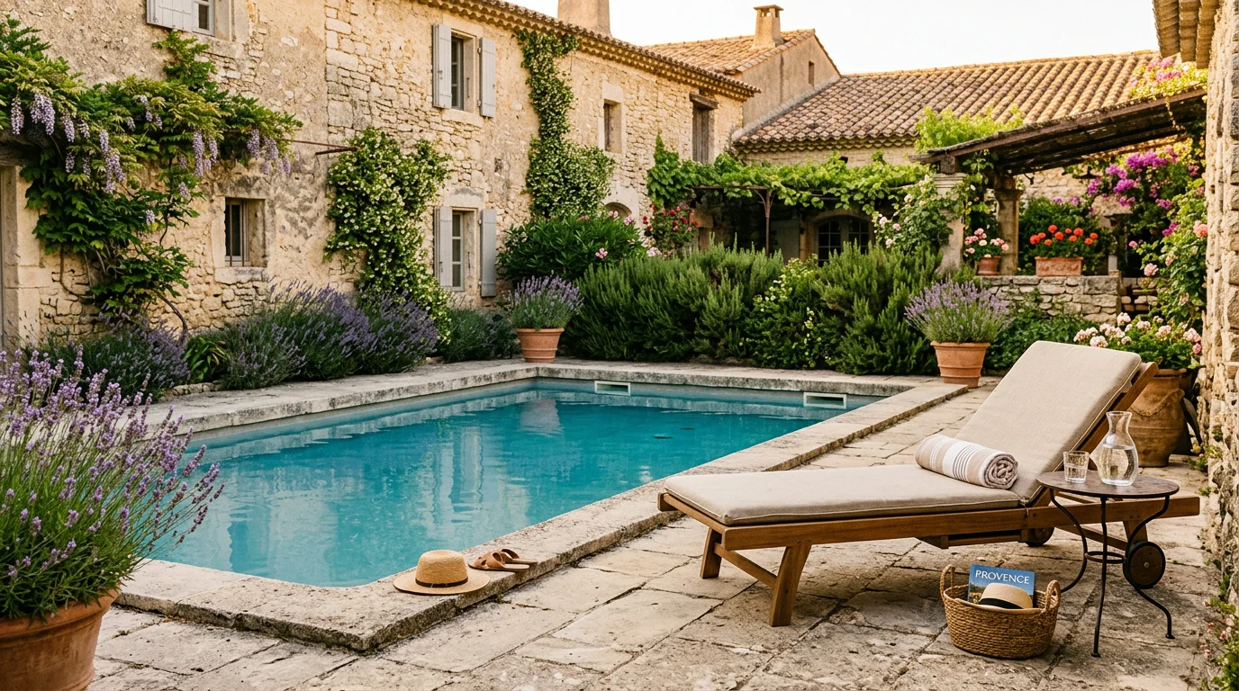 Piscine d'un hébergement provençal au coucher du soleil près de Coustellet