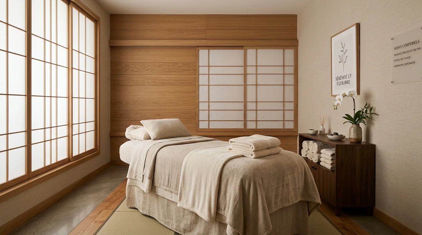Cabine de soin épurée d'un institut de massages inspirée du Japon