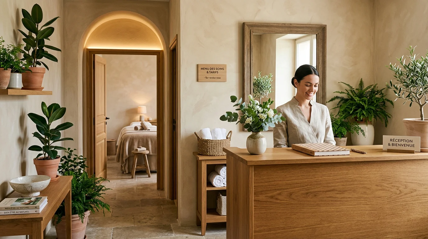 Espace d'accueil épuré d'un institut de massages baigné de lumière naturelle