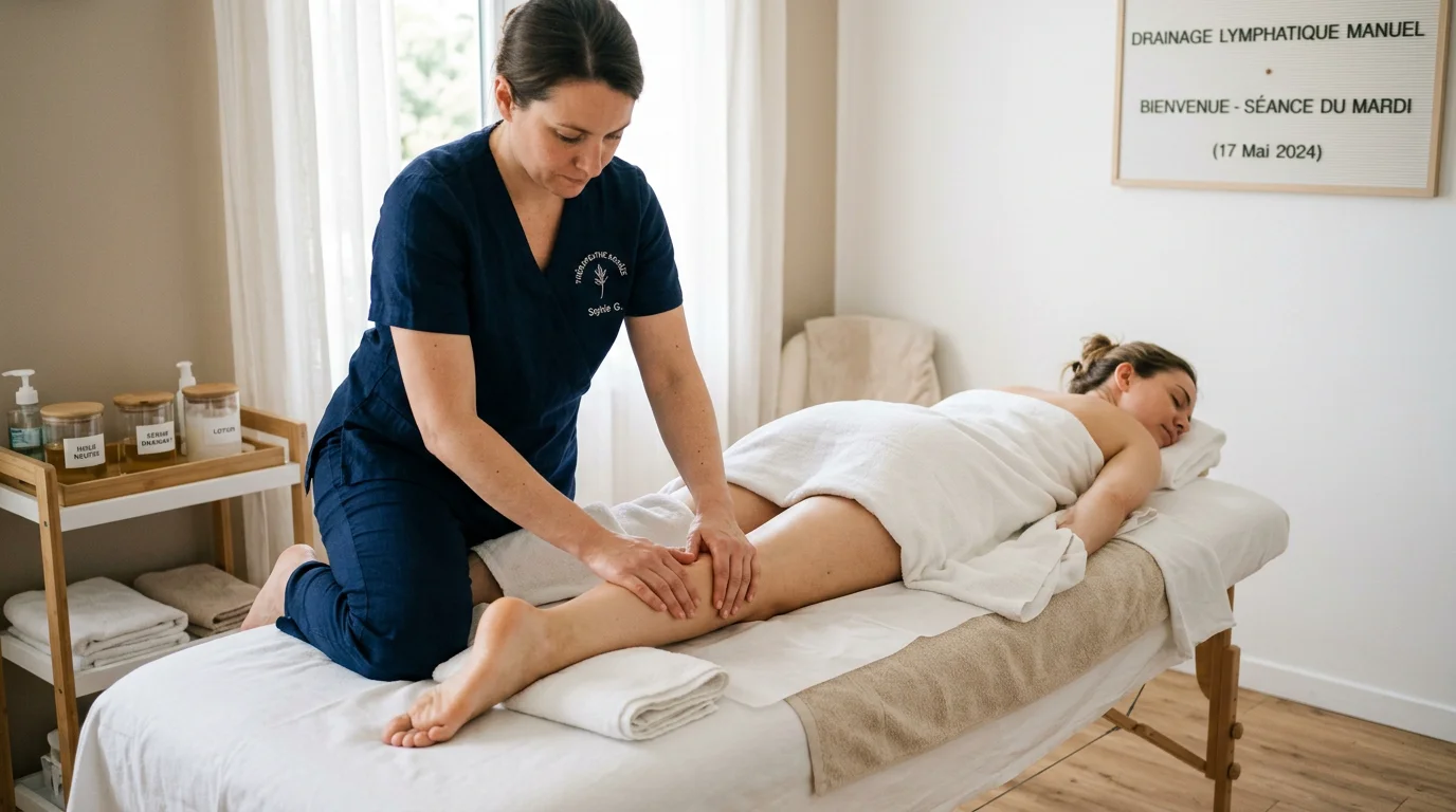Praticienne réalisant un drainage lymphatique manuel sur une cliente