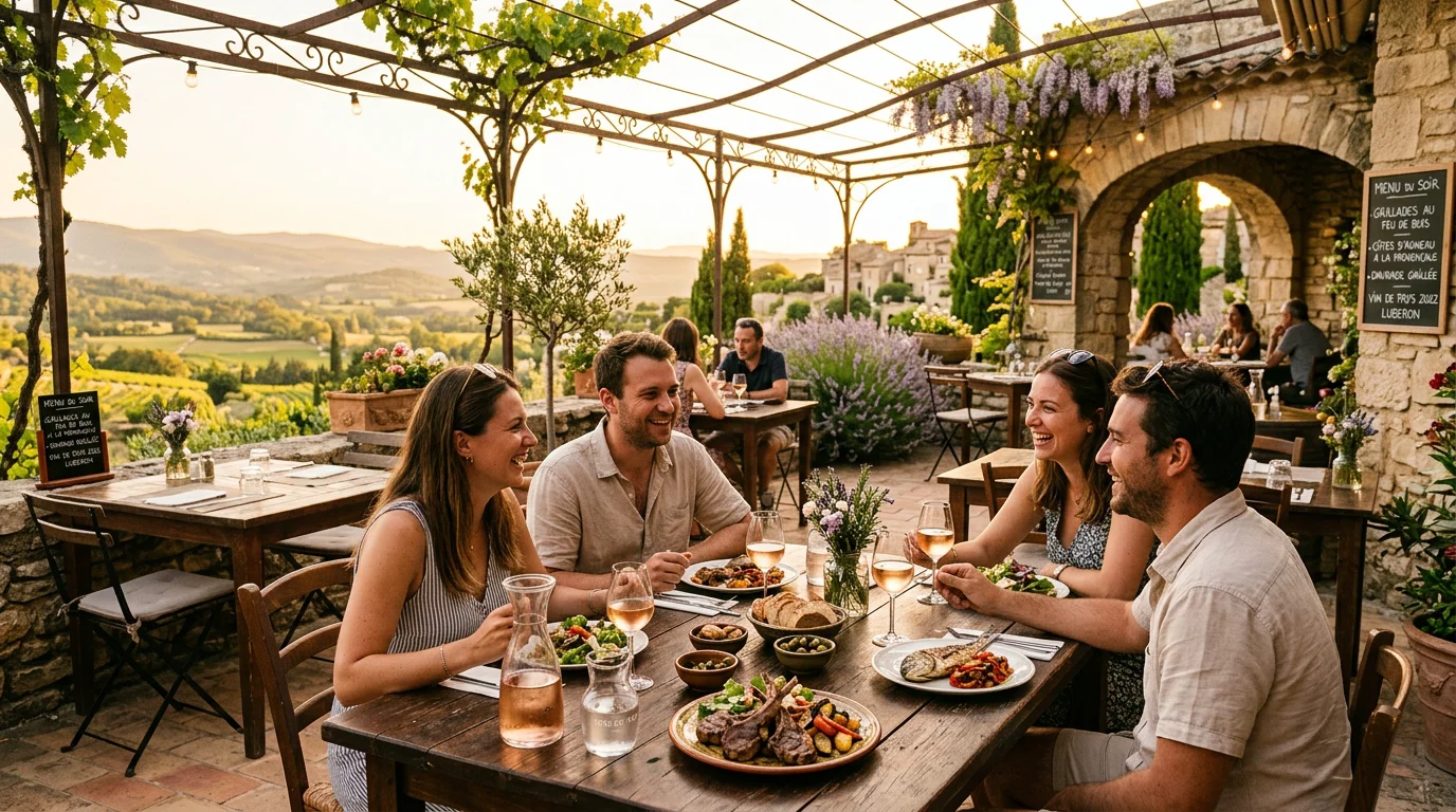 Terrasse d'un restaurant provençal du Luberon au coucher du soleil