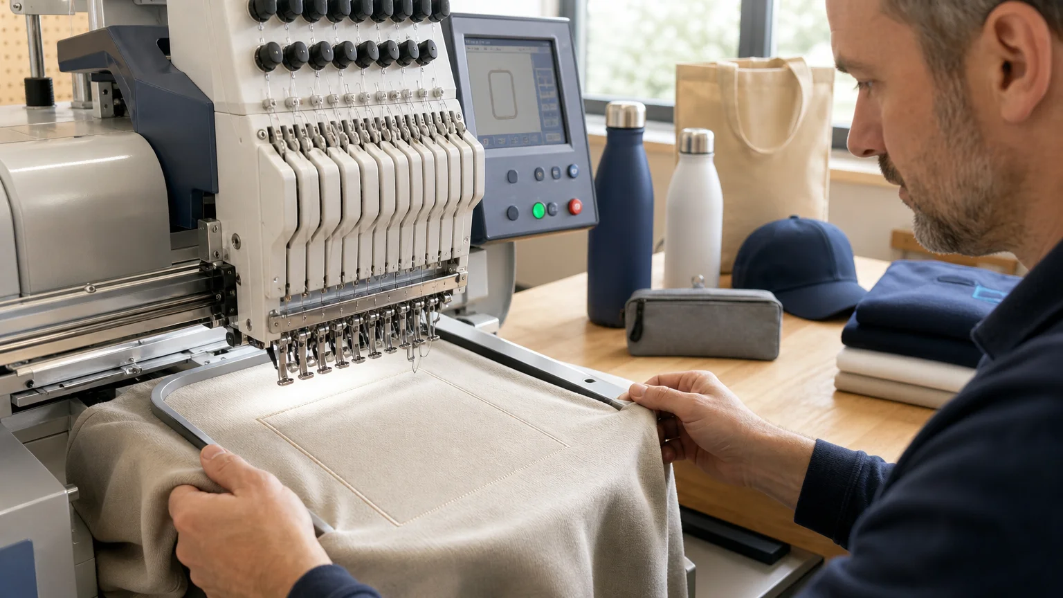 Personnalisation textile réalisée avec précision dans un atelier professionnel