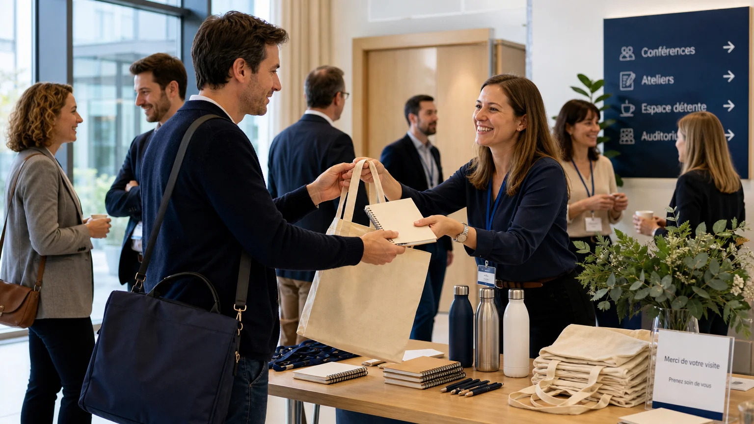 Distribution de goodies personnalisés lors d’un événement professionnel