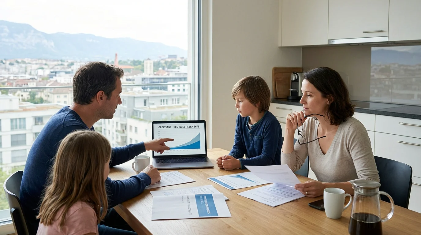 Famille suisse consultant ses primes d'assurance maladie sur ordinateur