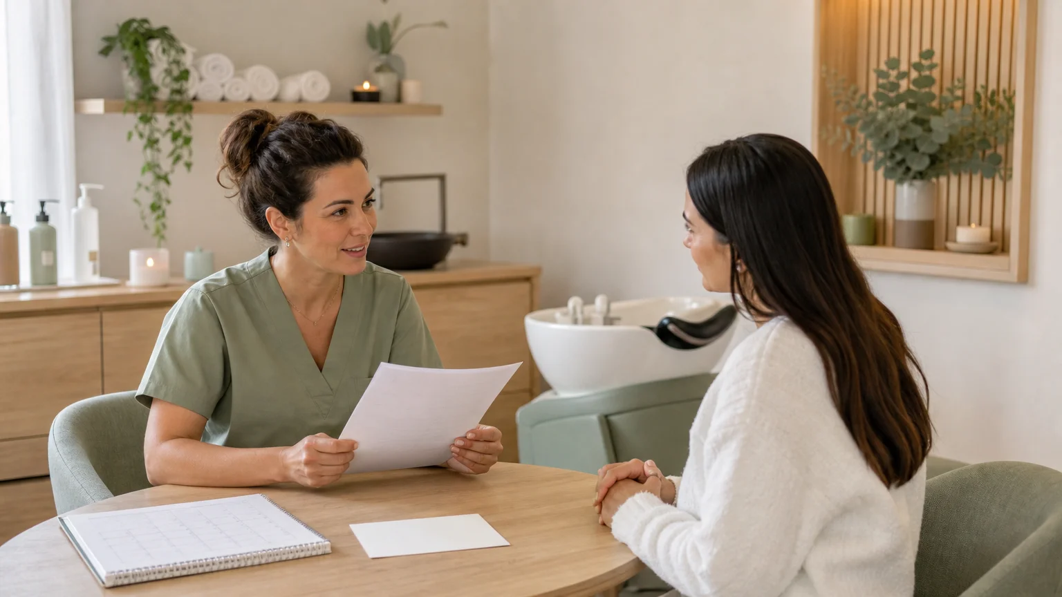 Praticienne préparant le suivi commercial d’une cliente Head Spa