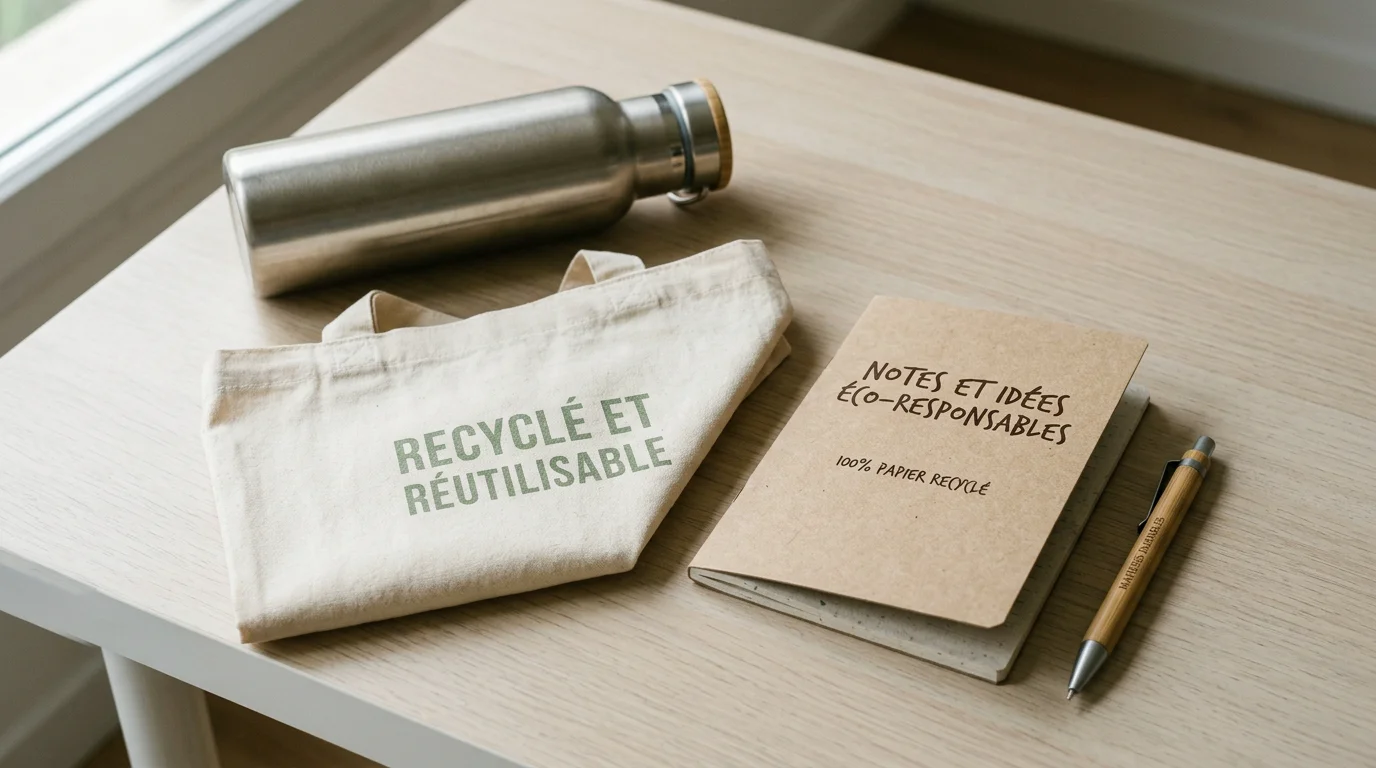 Objets publicitaires éco-conçus en matériaux recyclés posés sur un bureau