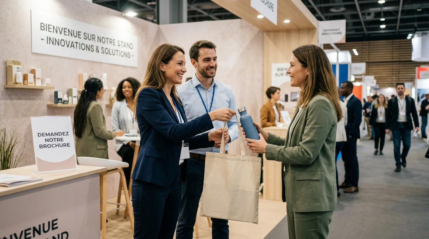Équipe remettant des goodies personnalisés à un visiteur sur un salon professionnel