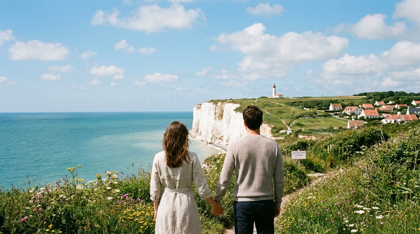 Couple admirant les falaises normandes depuis un sentier côtier