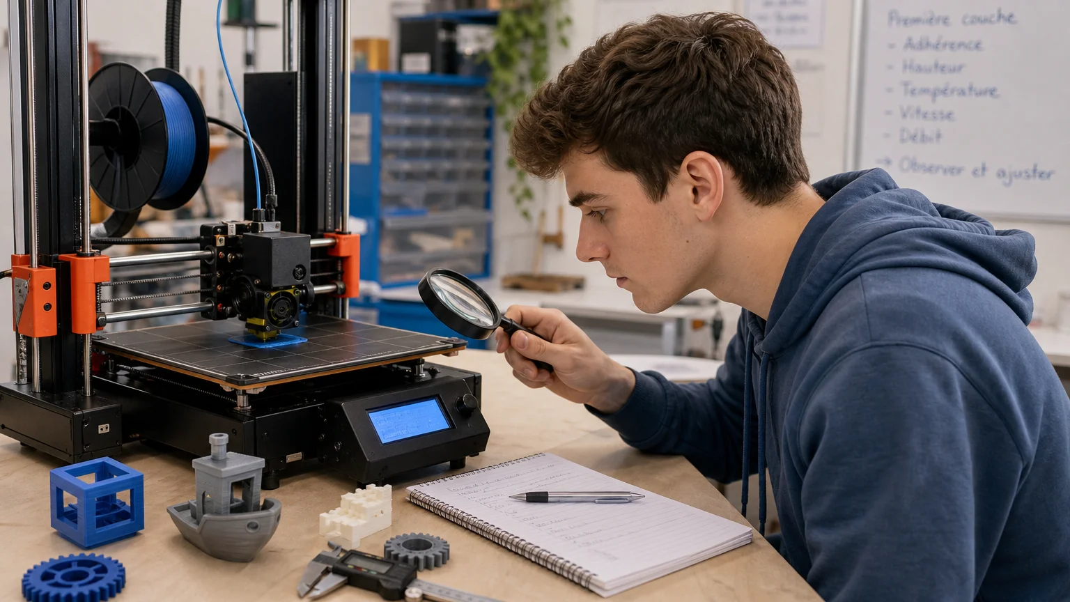 Apprenant accompagné pour analyser les réglages d’une imprimante 3D