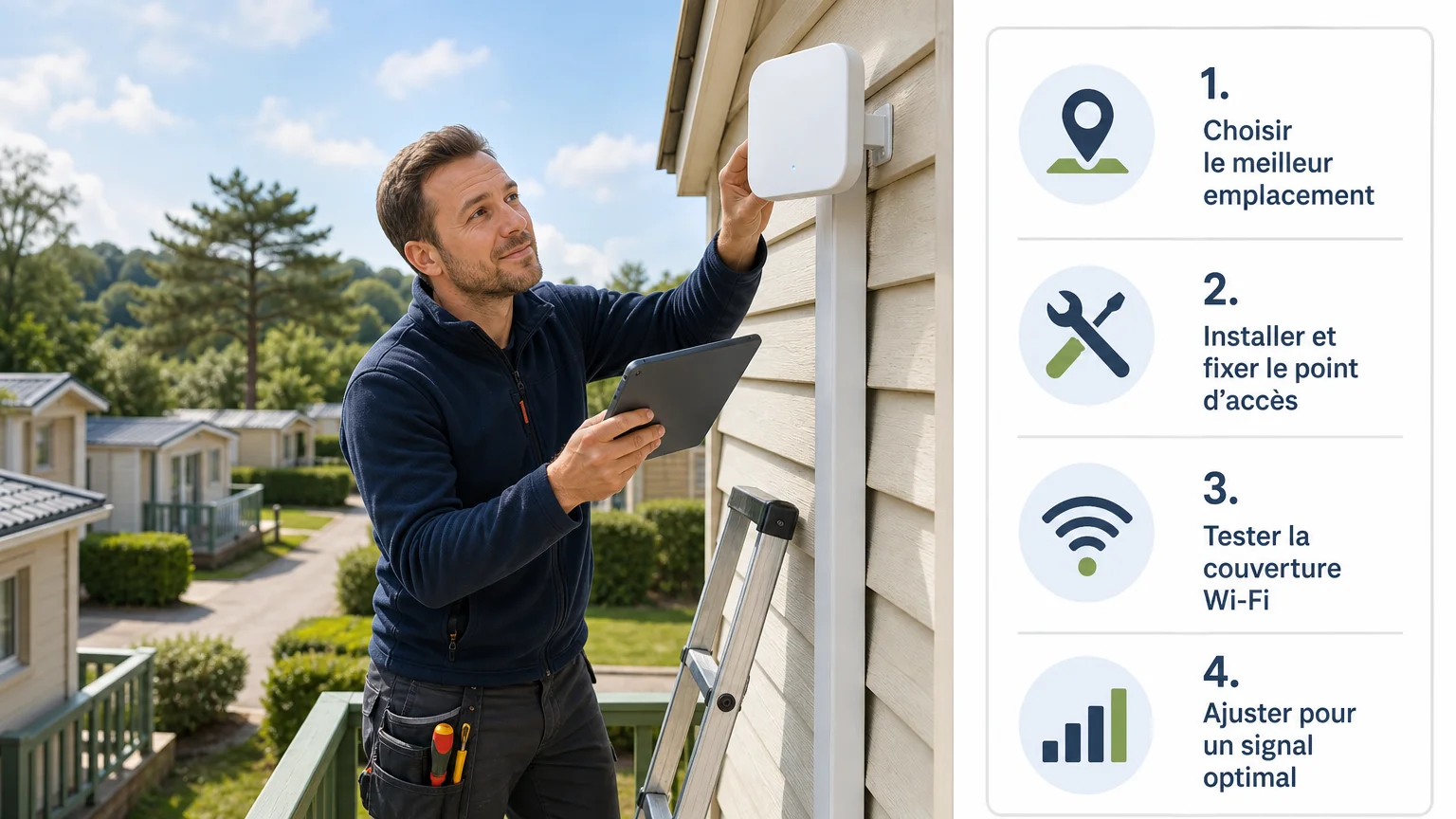 Technicien installant un point d’accès Wi-Fi sur un bâtiment d’un village de vacances avec une nacelle.