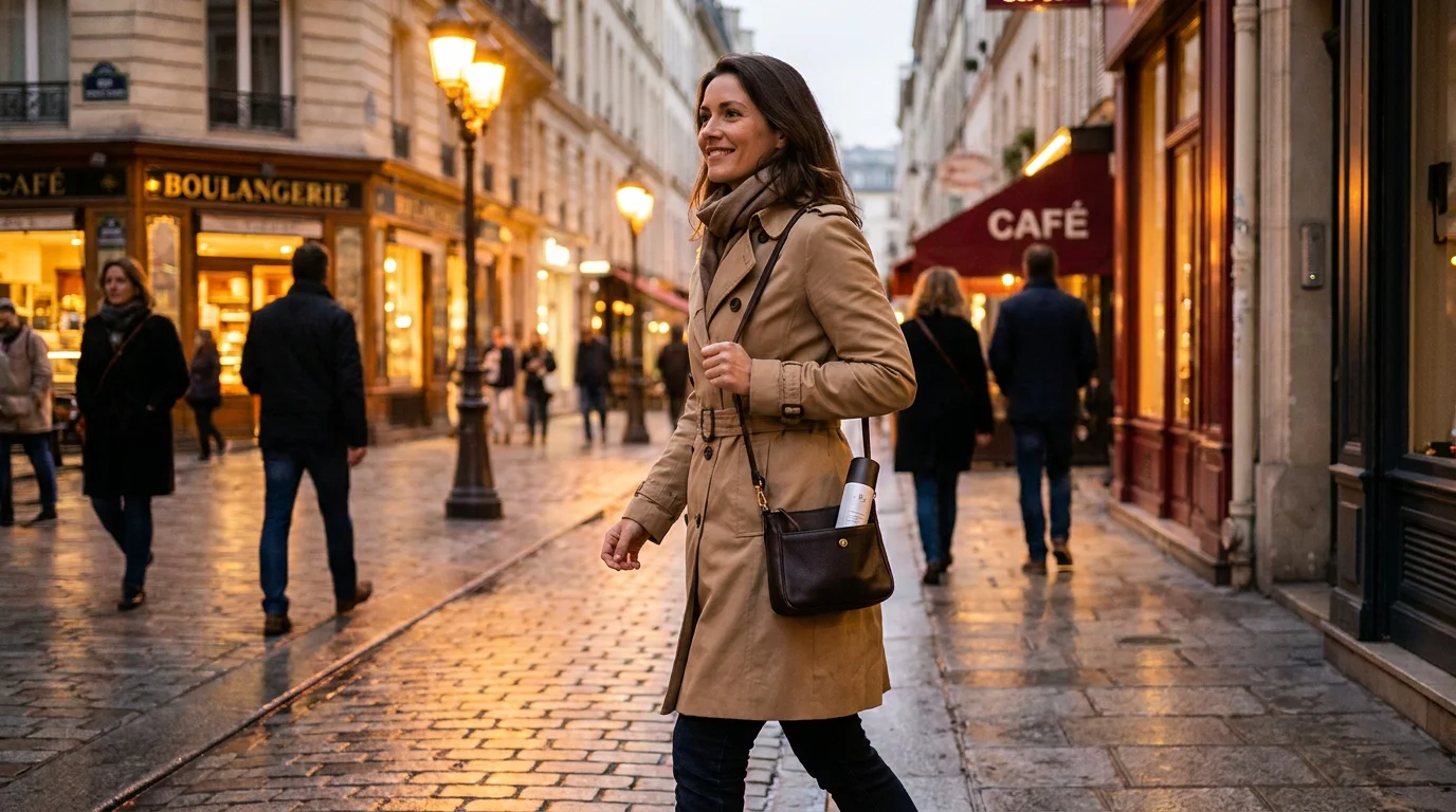 Femme marchant en confiance dans une rue française avec un dispositif de défense discret dans son sac