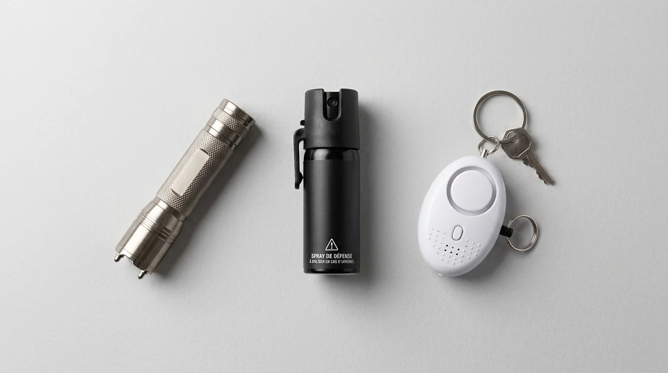 Dispositifs de défense personnelle compacts : spray, shocker et alarme disposés sur fond clair
