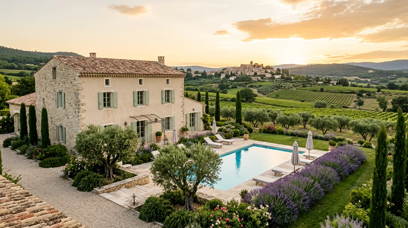 Mas provençal 5 étoiles avec piscine et spa dans le Luberon au coucher du soleil