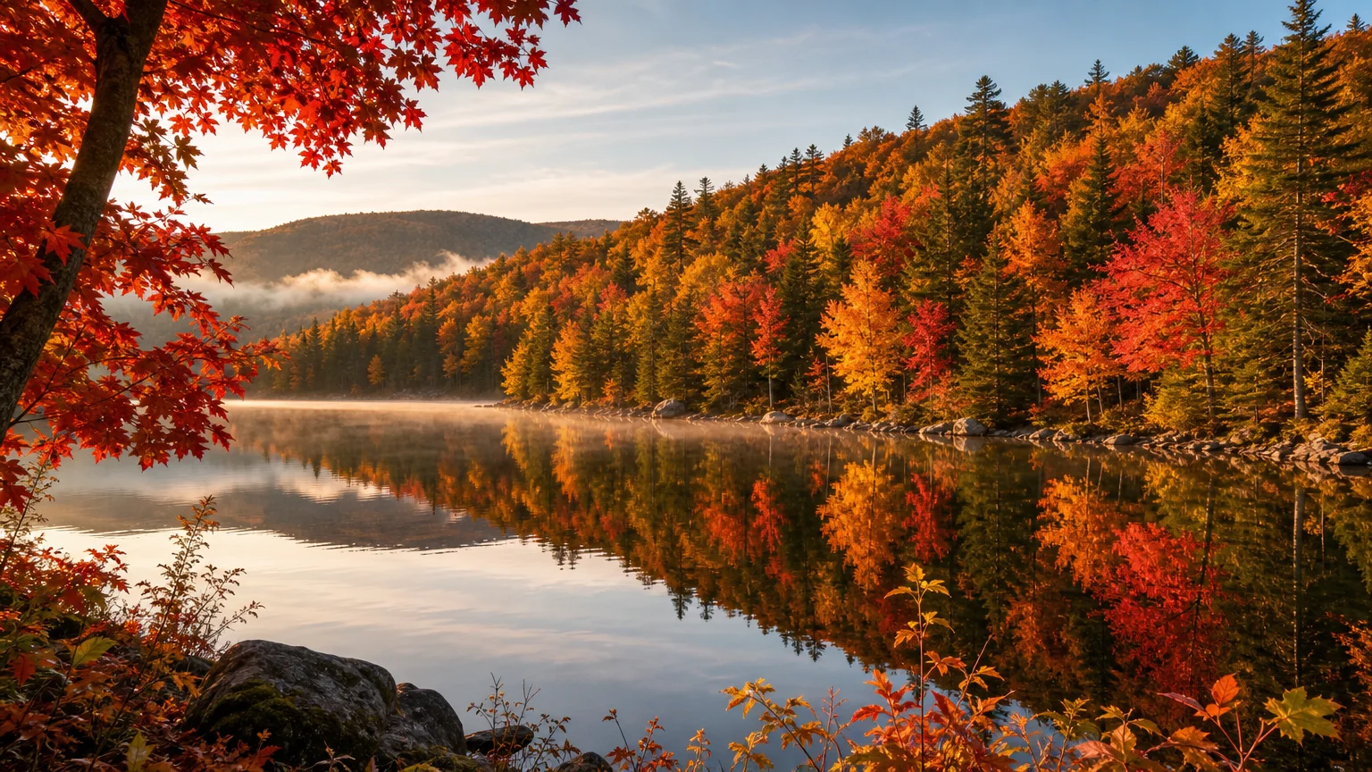 Forêt d'érables aux couleurs d'automne se reflétant sur un lac tranquille au Québec