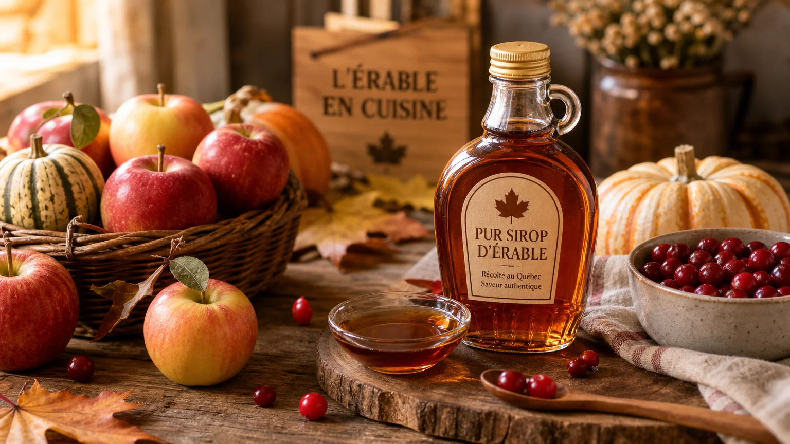 Table d'automne avec pommes, courges, canneberges et sirop d'érable ambré