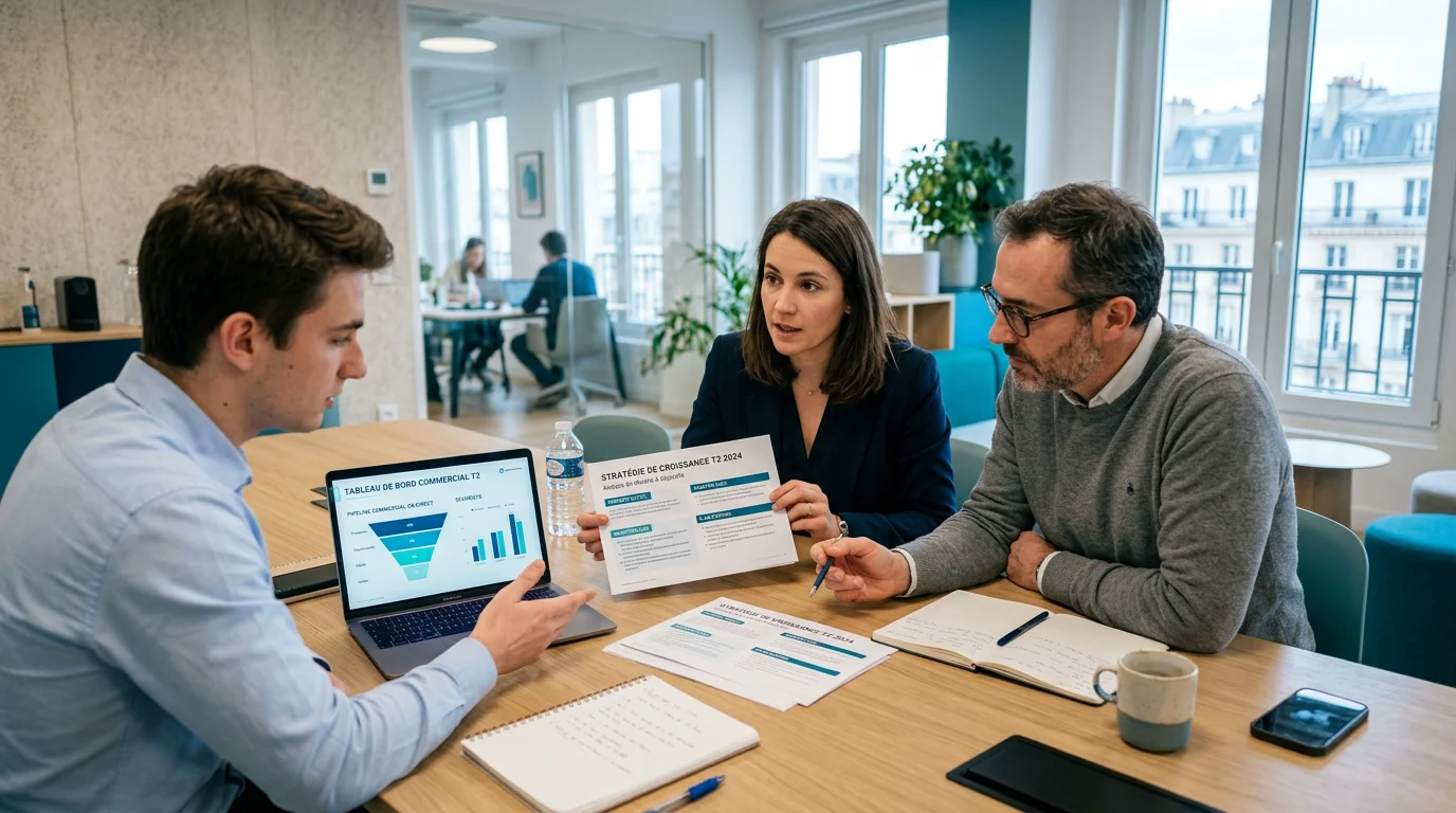 Équipe commerciale européenne travaillant sur un plan de prospection