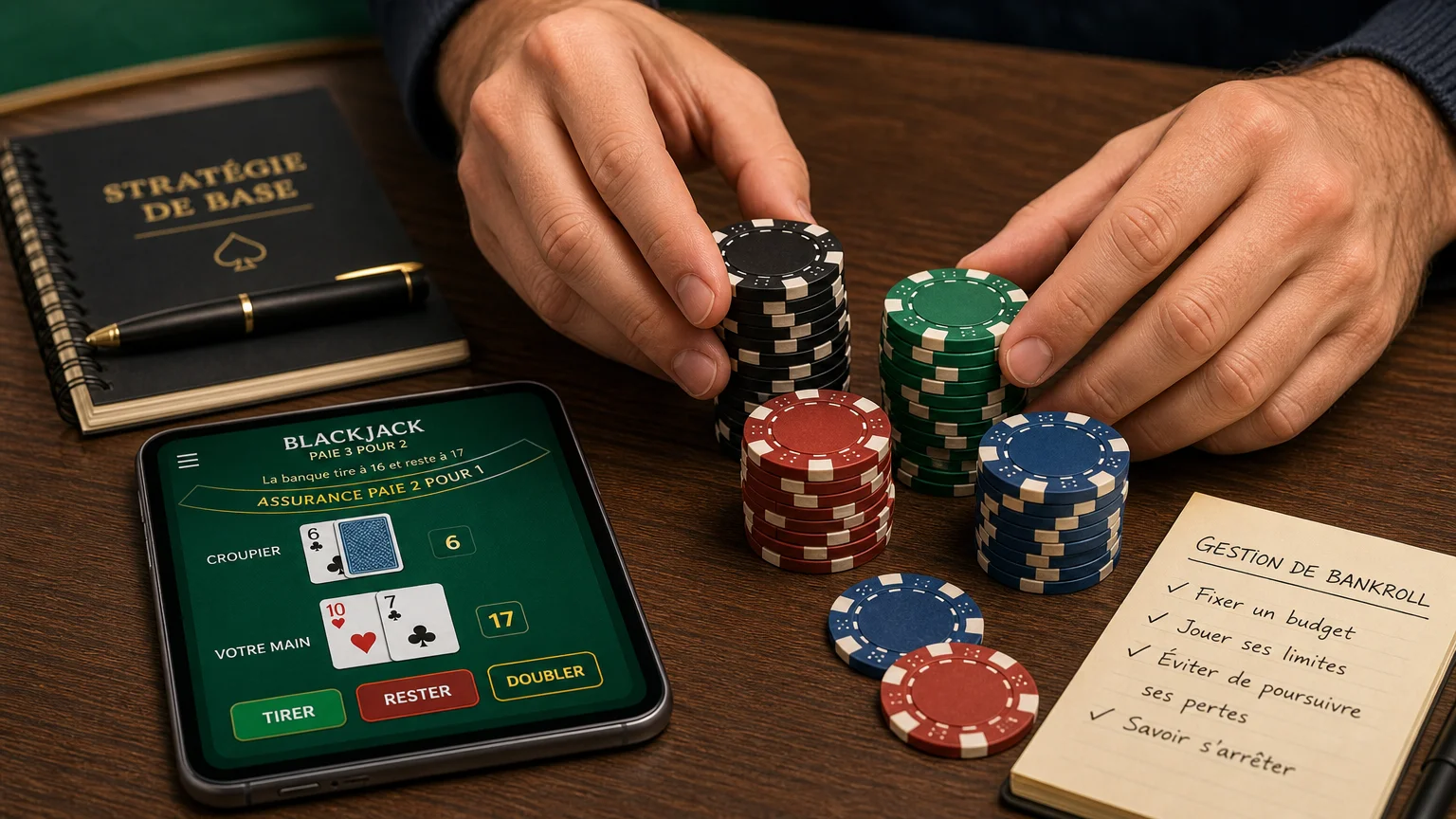 Mains organisant des jetons près d'un smartphone affichant un jeu de cartes