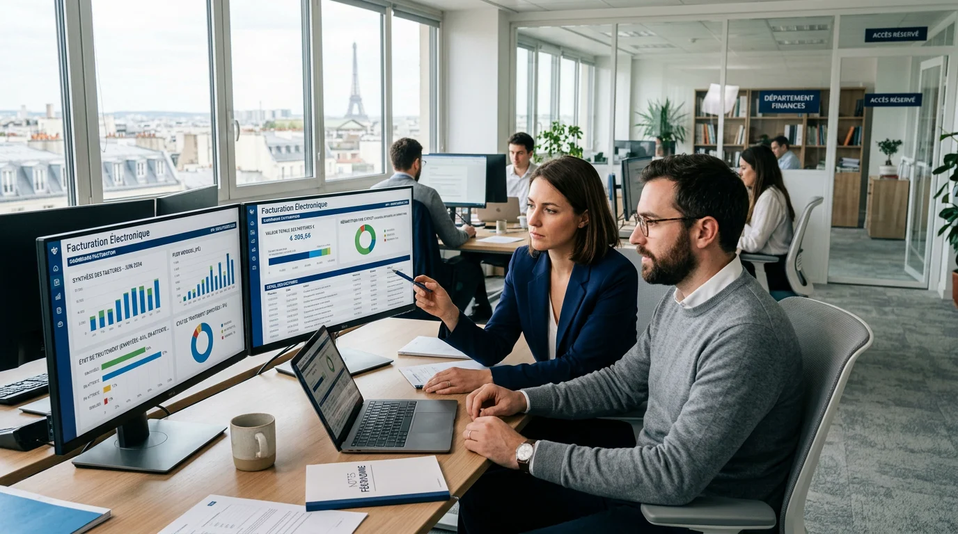 Équipe finance analysant des flux de facturation électronique dans un bureau