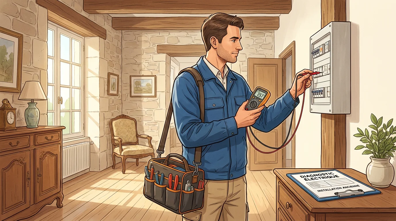Diagnostiqueur immobilier certifié inspectant une installation électrique dans une maison ancienne