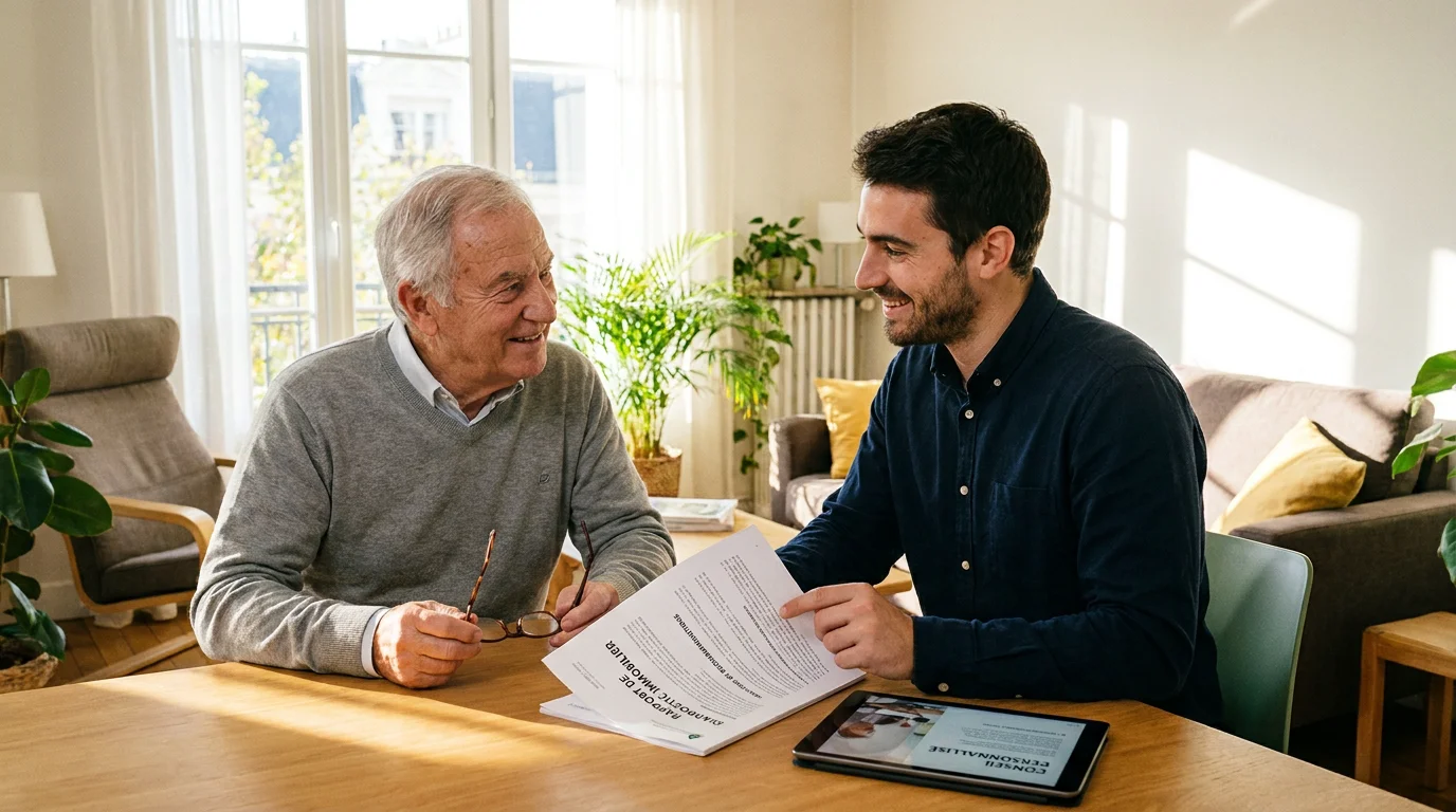 Propriétaire et diagnostiqueur immobilier échangeant sur un rapport de diagnostic dans un salon