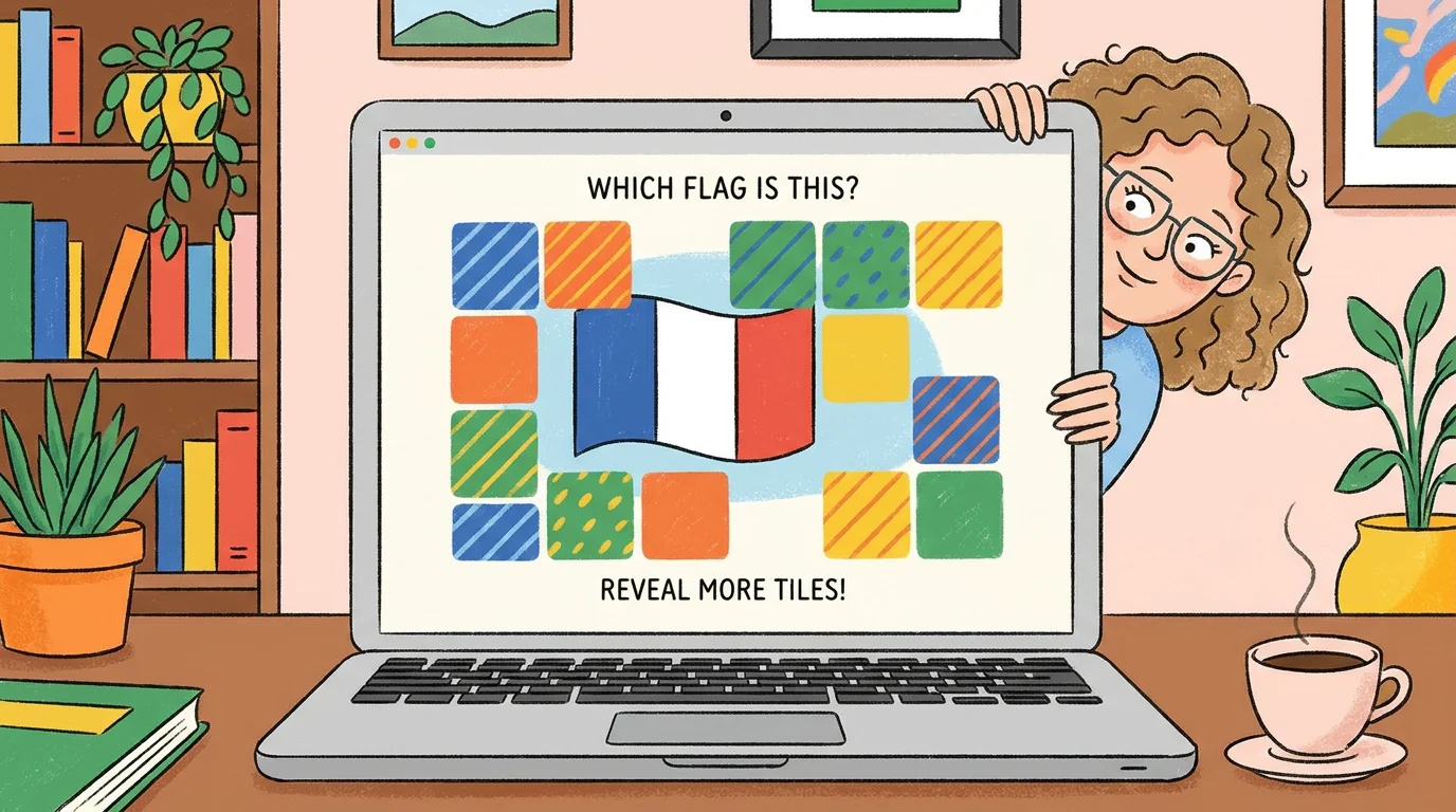 Illustration of a person playing a flag guessing quiz with tiles revealing a hidden flag