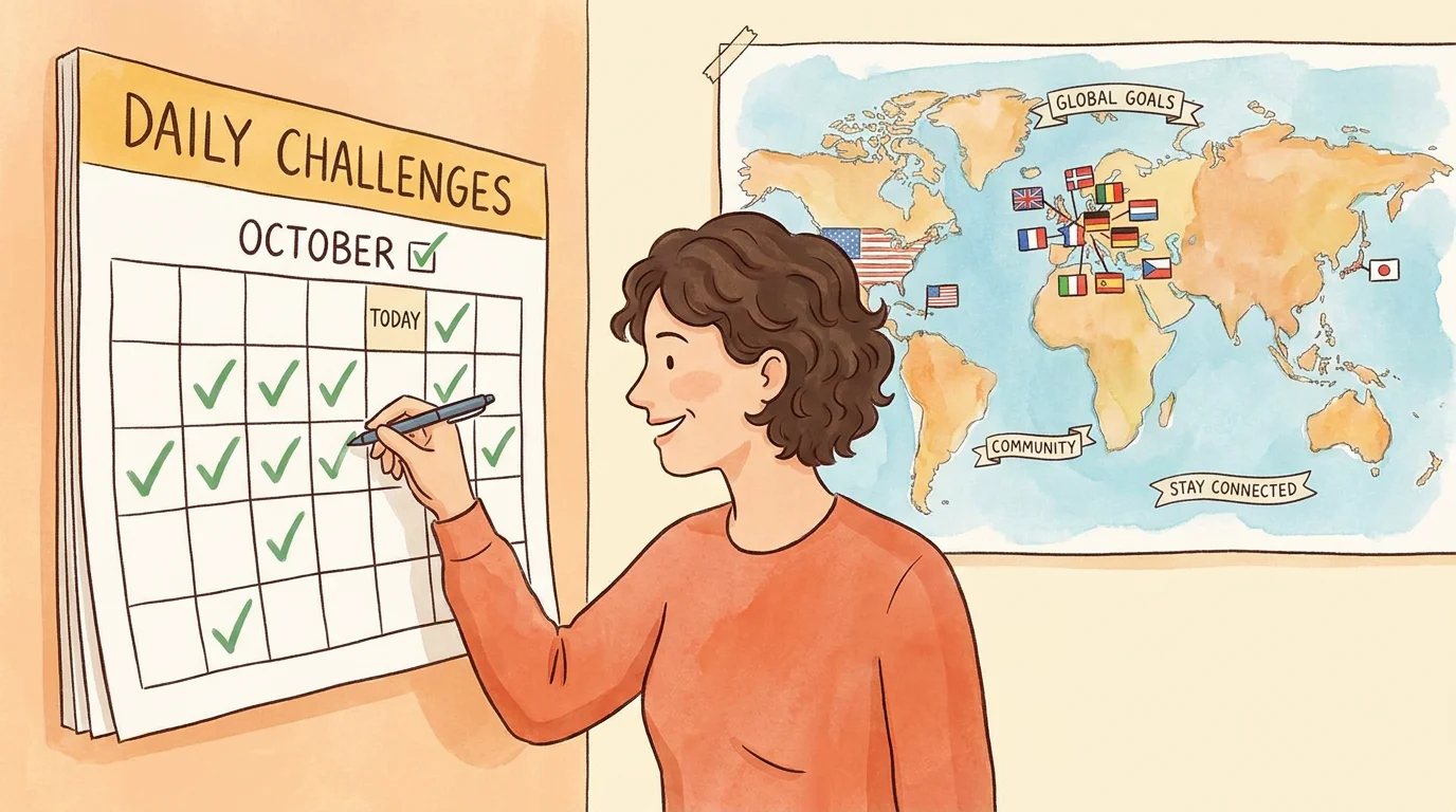 Illustration of a daily flag challenge calendar with a person tracking their progress