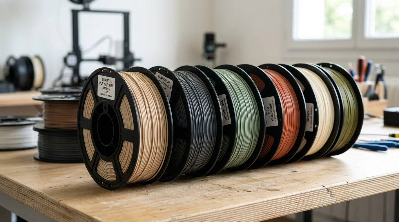 Plusieurs bobines de filaments d'impression 3D de couleurs neutres posées sur un plan de travail