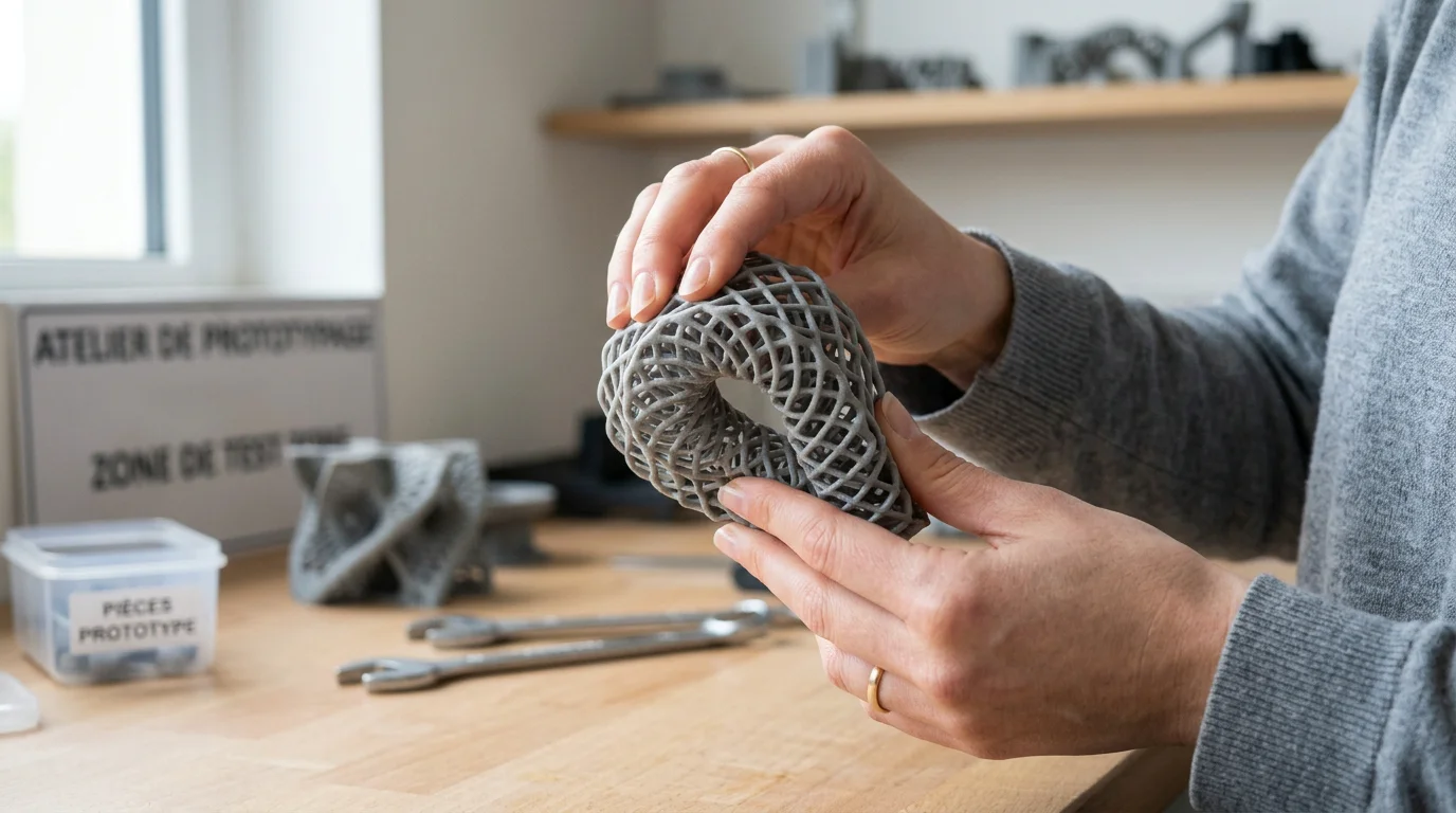 Pièce flexible imprimée en 3D pliée à la main pour montrer son élasticité