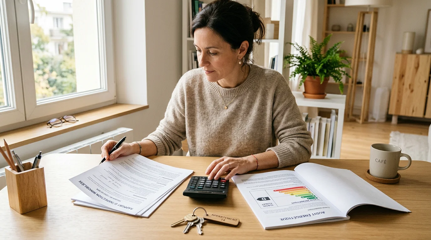 Propriétaire examinant ses rapports de diagnostic immobilier et son budget