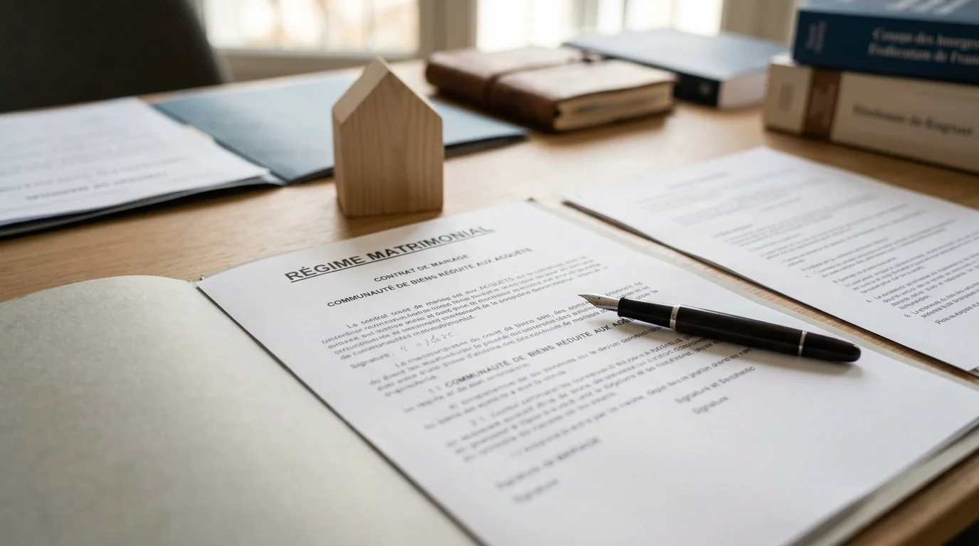 Dossier de liquidation de régime matrimonial posé sur un bureau d'avocat