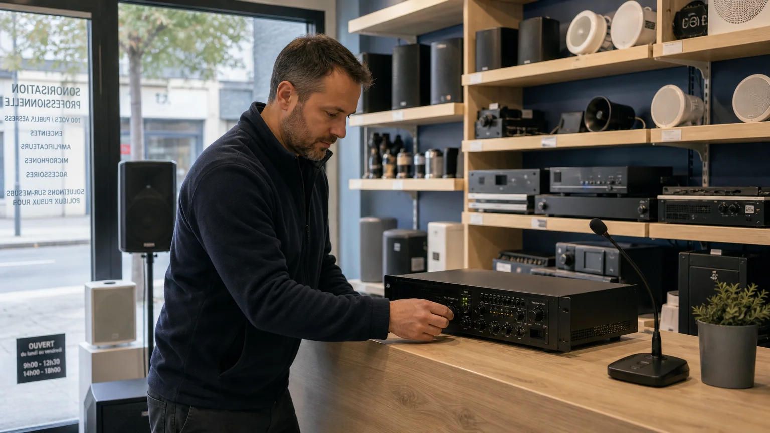 Installateur réglant un amplificateur professionnel dans une boutique