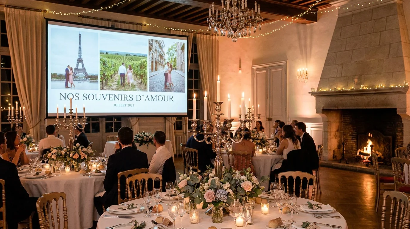 Projection d'un diaporama de mariage dans une salle de réception élégante en France