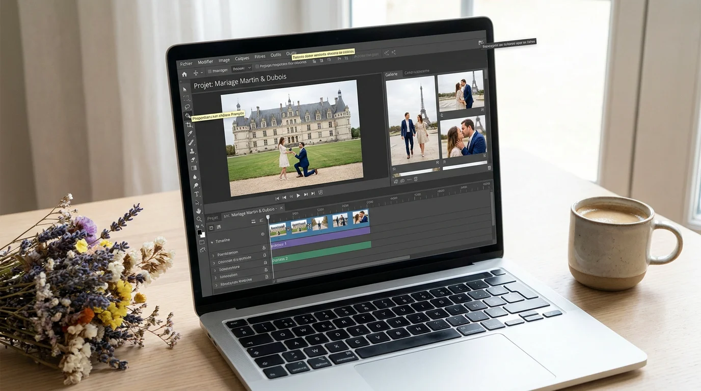 Préparation d'un diaporama de mariage sur un ordinateur avec logiciel de montage photo
