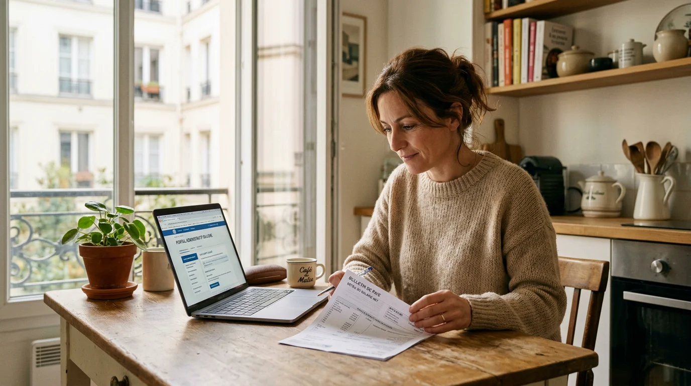 Un parent examine la fiche de paie de sa nounou sur un ordinateur