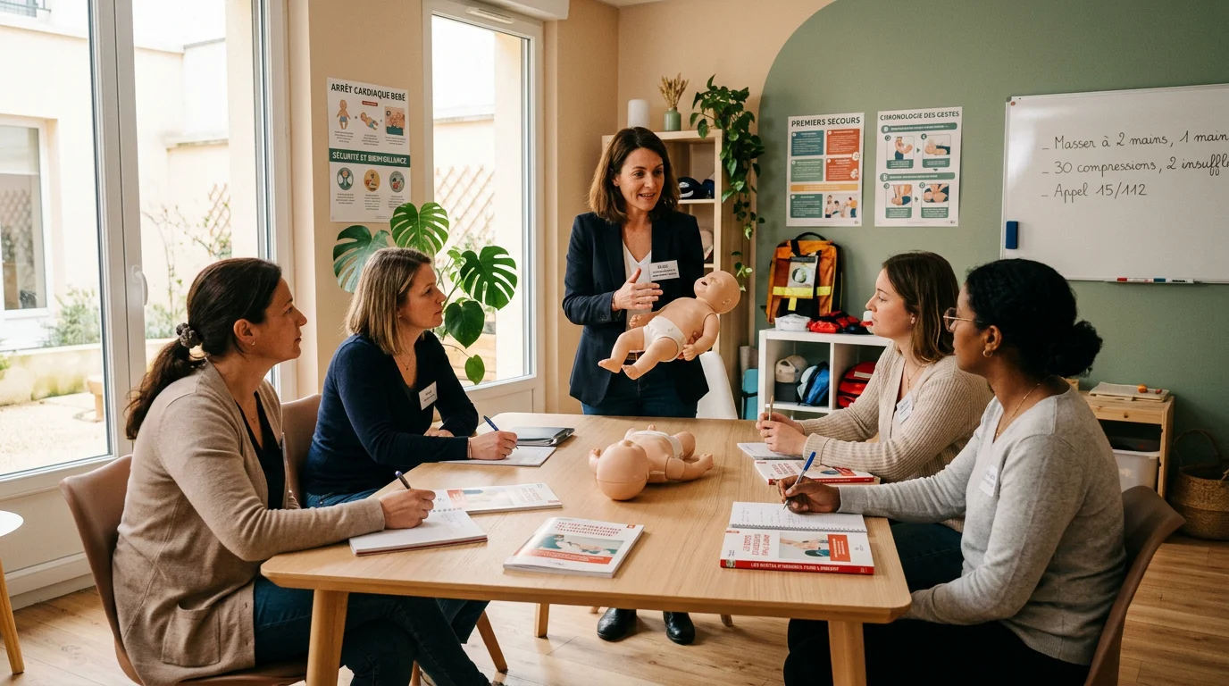 Formatrice montrant les gestes de premiers secours à de futures assistantes maternelles