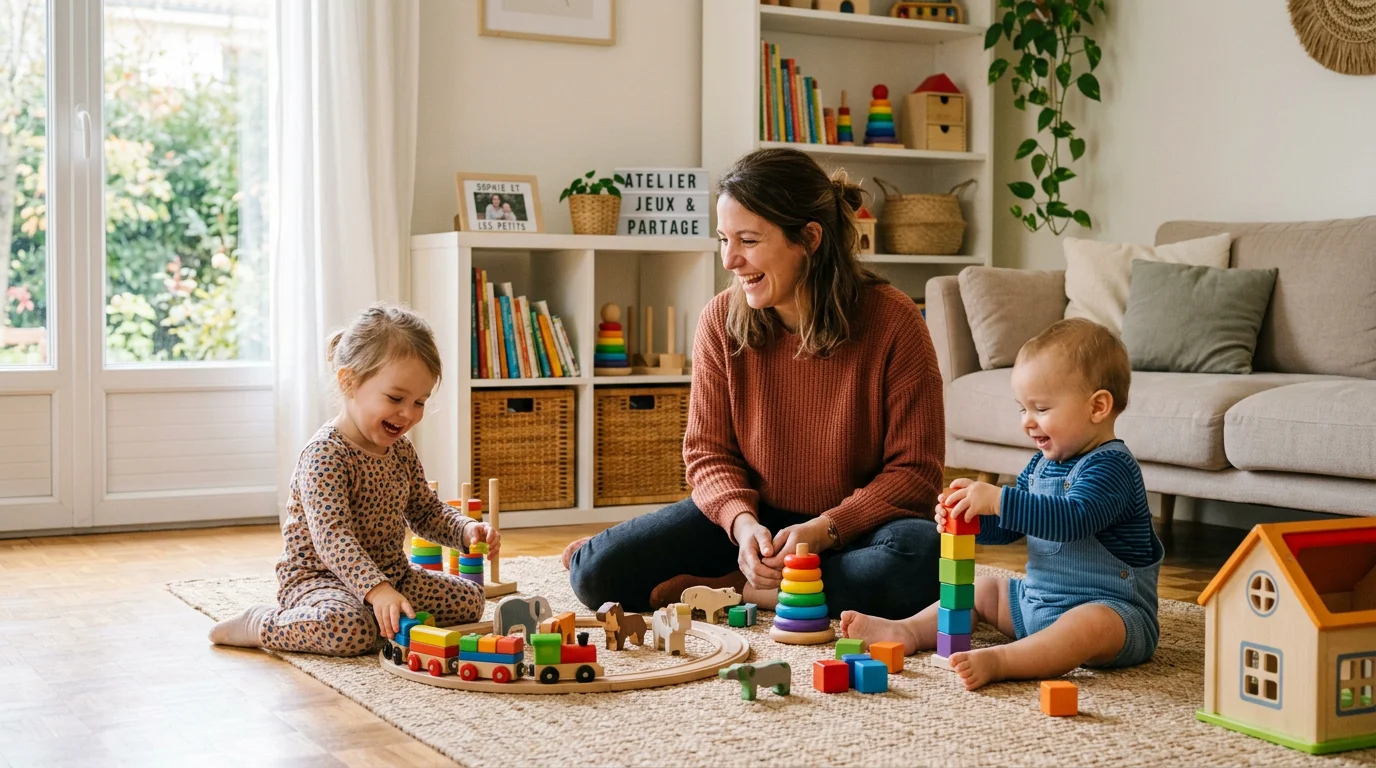 Assistante maternelle jouant avec de jeunes enfants à domicile