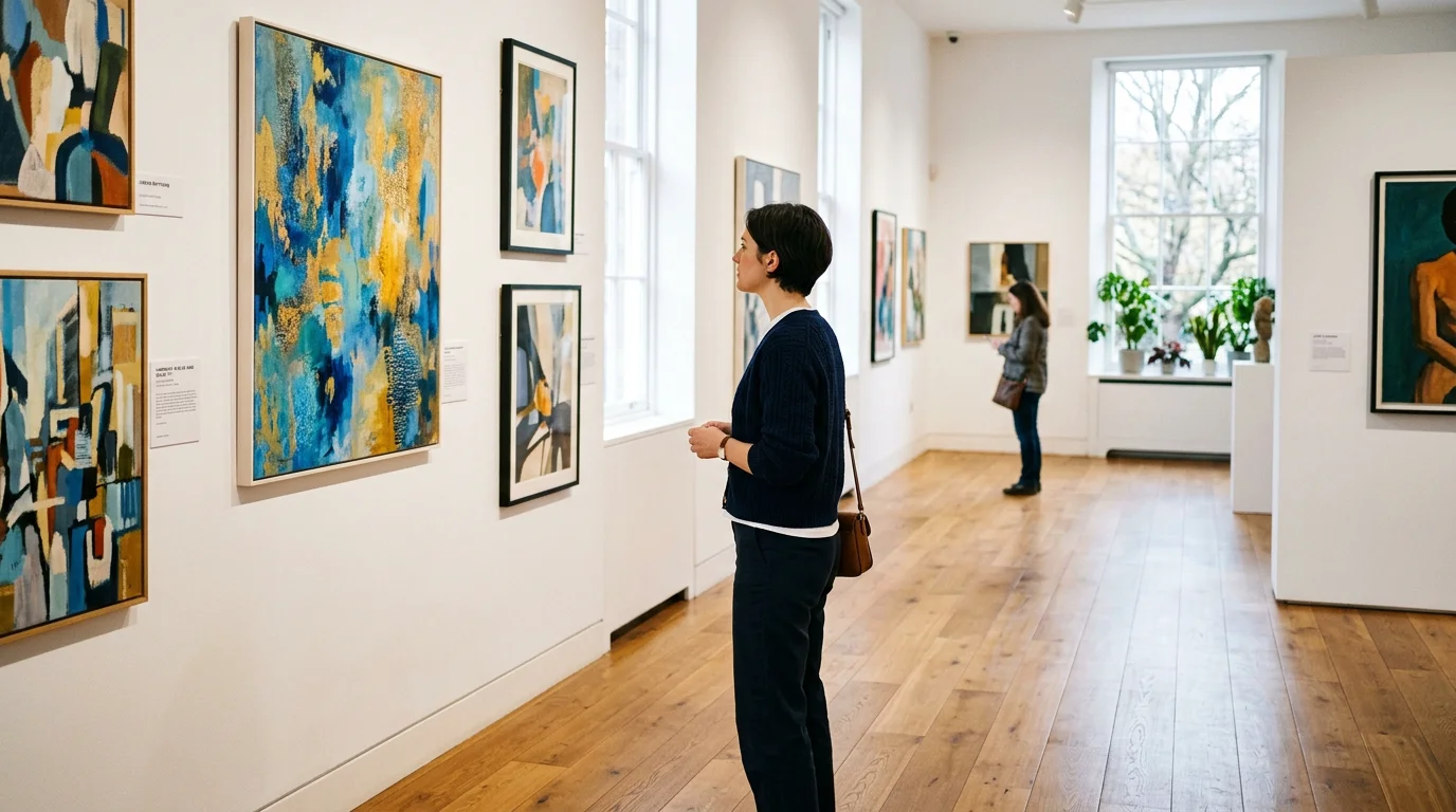 Visitor viewing original paintings in a bright local art gallery