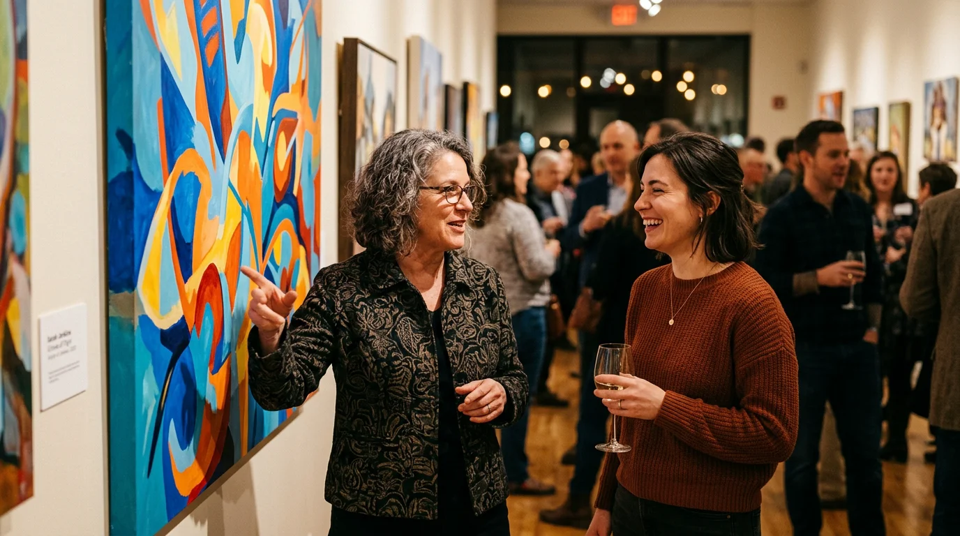 Artist speaking with a visitor at a local gallery opening