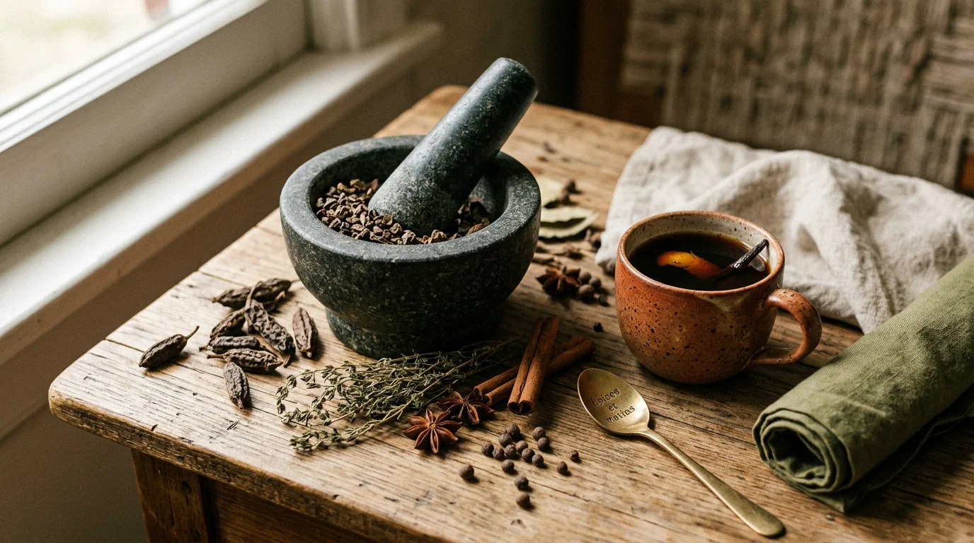 Mortier de poivre de Selim broyé et tasse de café aromatisé