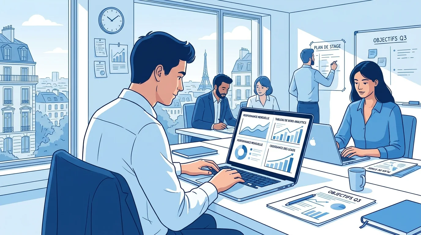 Stagiaire en marketing travaillant sur un tableau de bord analytics dans un bureau moderne