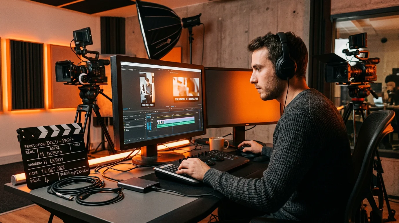Monteuse vidéo européenne comparant plusieurs formats sur un écran en studio