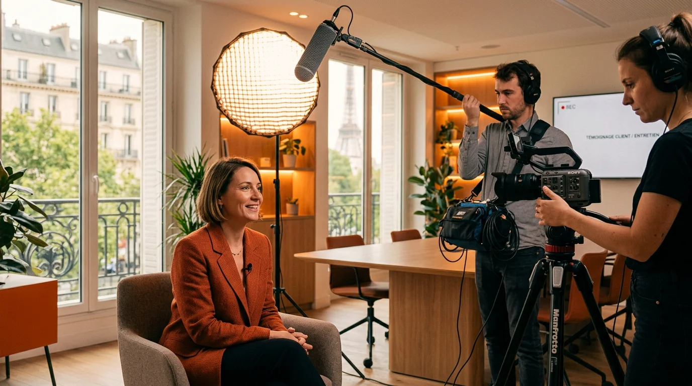 Tournage d'un témoignage client en entreprise avec caméra et micro