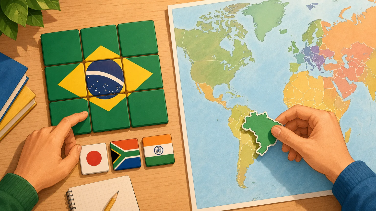 Editorial illustration comparing progressive flag clues with map based geography practice