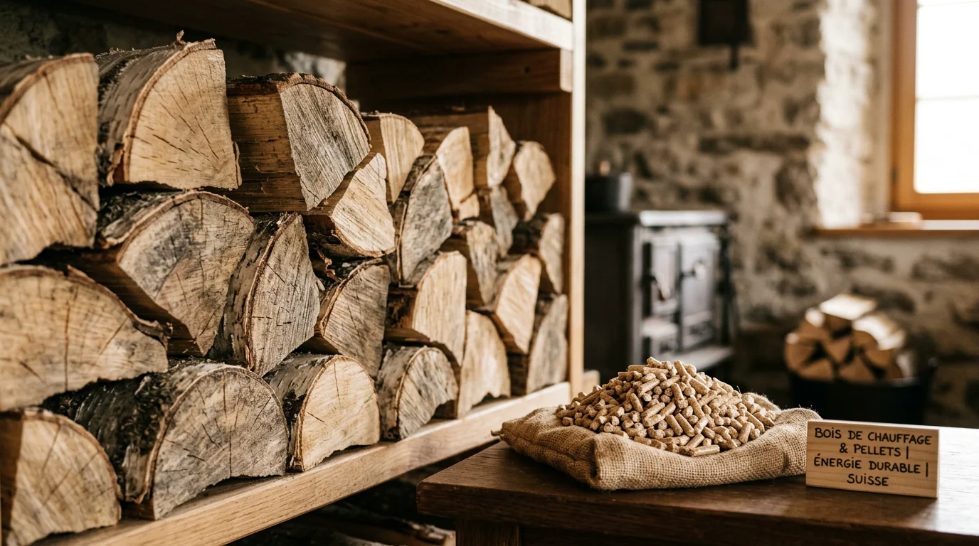 Bûches de bois sec et granulés de bois pour le chauffage